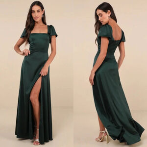 Lulus Ultimate Sweetness Emerald Green Satin Flutter Sleeve Maxi Dress S Wedding